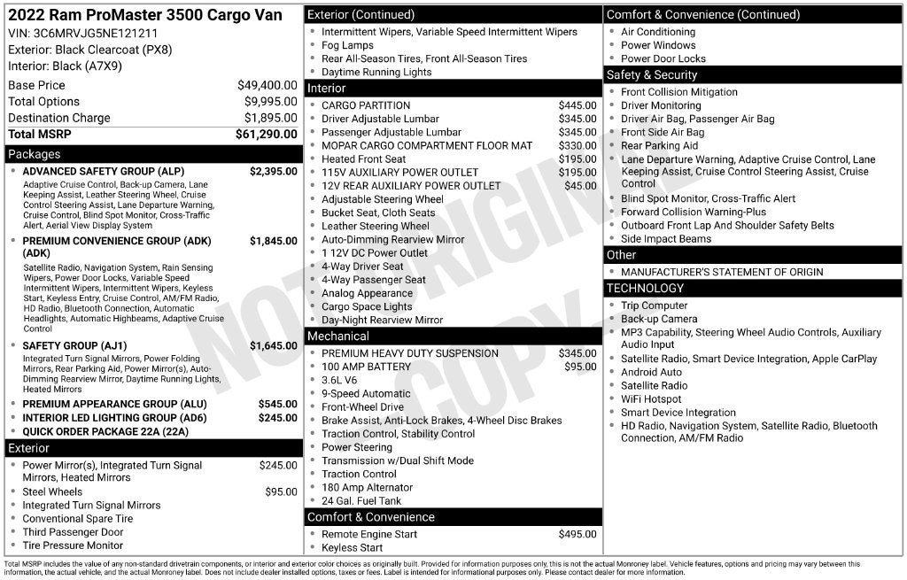 2022 RAM ProMaster 3500 3500 High Roof 159" WB EXT