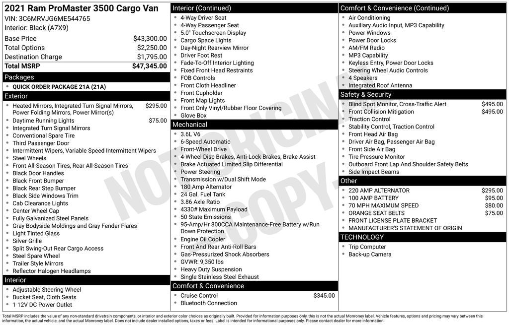 2021 RAM ProMaster Cargo Van 3500 High Roof 159" WB EXT