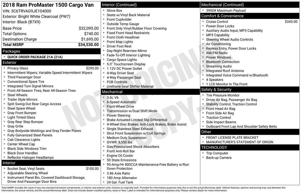 2018 RAM ProMaster 1500 Low Roof 136 WB