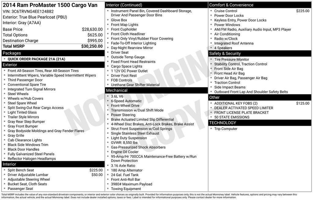 2014 RAM ProMaster 1500 Low Roof 118 WB