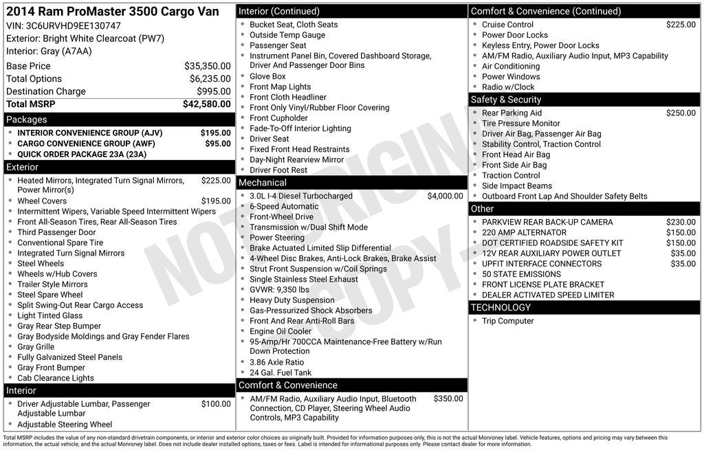 2014 RAM ProMaster Cargo Van High Roof