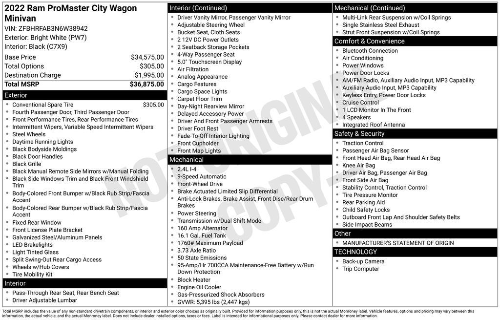 2022 RAM ProMaster City Cargo Van Base