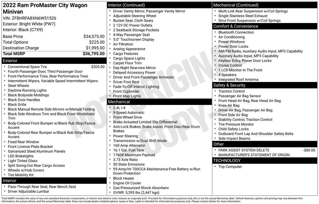 2022 RAM ProMaster City Cargo Van Base